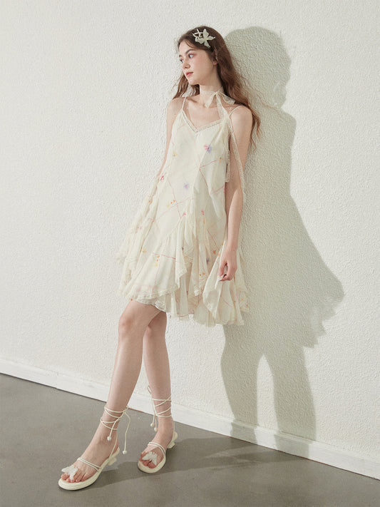 Strapped Ruffle Dress With Grid Pattern And Floral Print