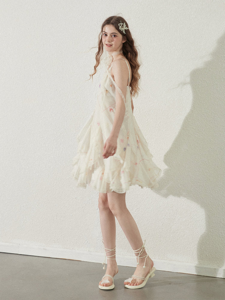 Strapped Ruffle Dress With Grid Pattern And Floral Print