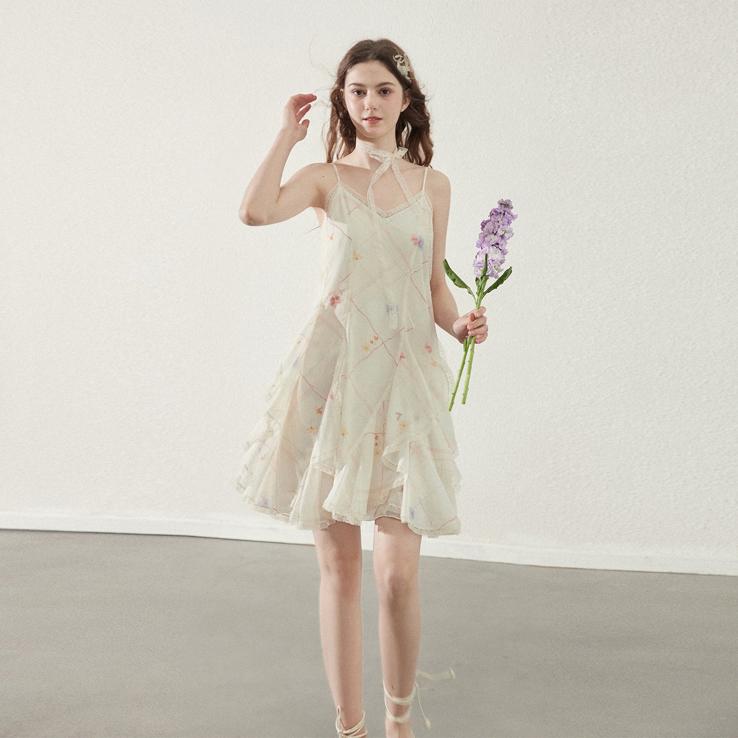 Strapped Ruffle Dress With Grid Pattern And Floral Print