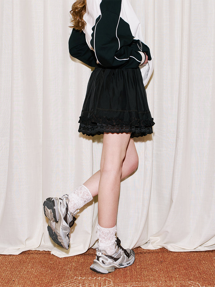 Voluminous Ruffled Skirt With Lace Trim
