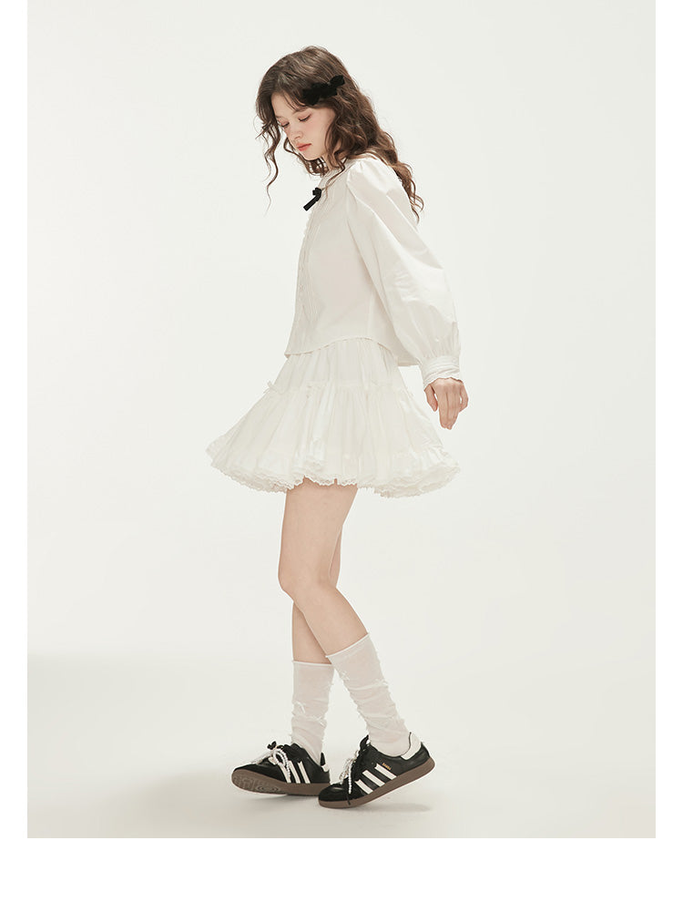 Peter Pan Collar Pintuck Blouse With Velvet Bow