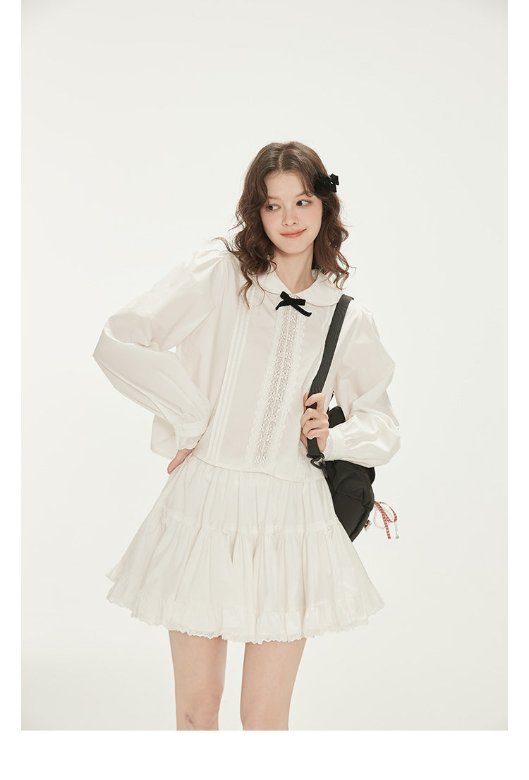 Peter Pan Collar Pintuck Blouse With Velvet Bow