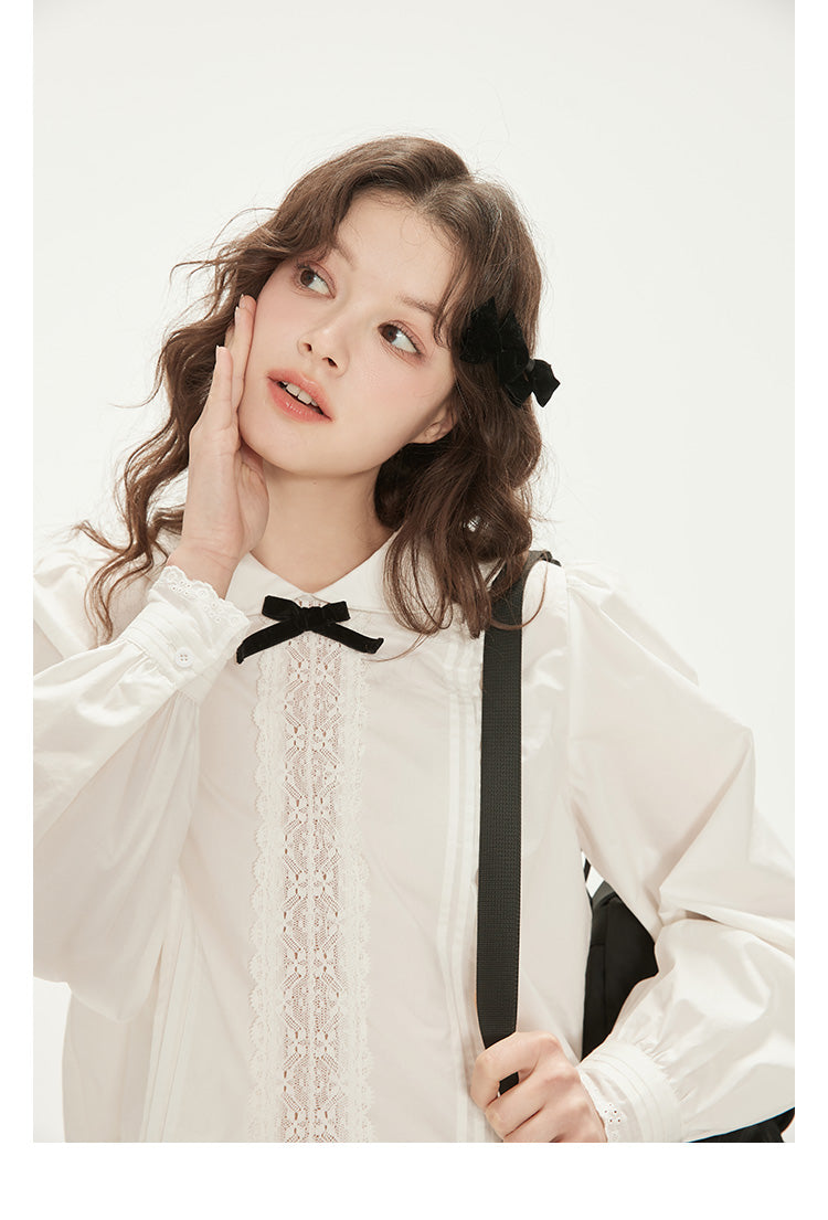 Peter Pan Collar Pintuck Blouse With Velvet Bow