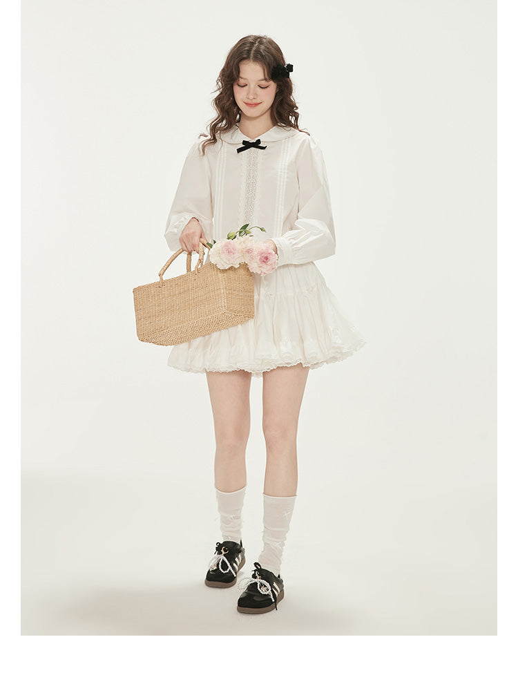Peter Pan Collar Pintuck Blouse With Velvet Bow