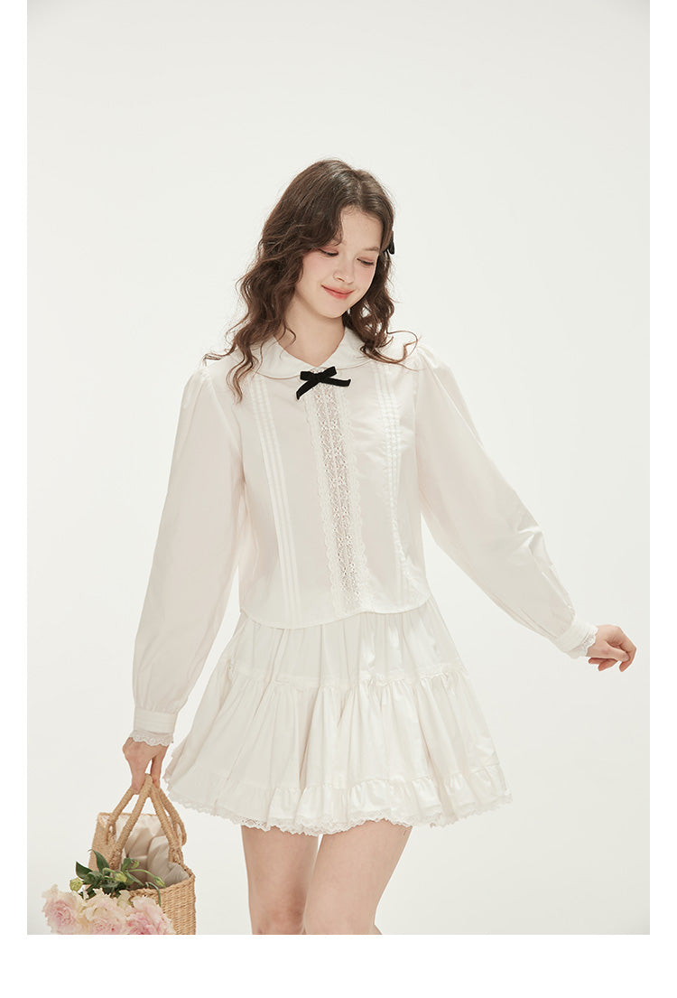 Peter Pan Collar Pintuck Blouse With Velvet Bow