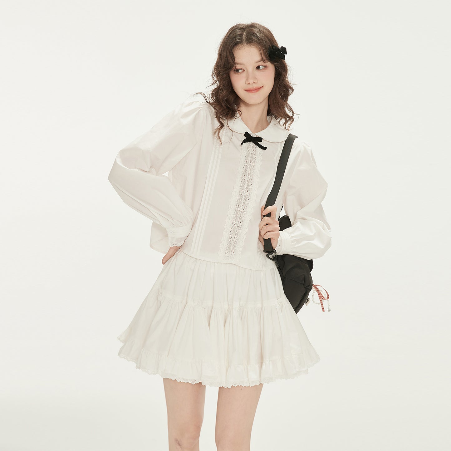 Peter Pan Collar Pintuck Blouse With Velvet Bow