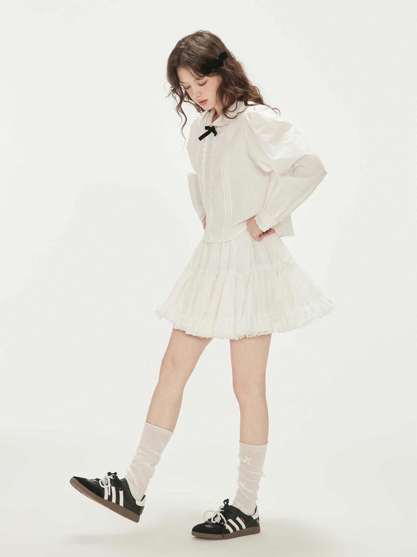 Peter Pan Collar Pintuck Blouse With Velvet Bow