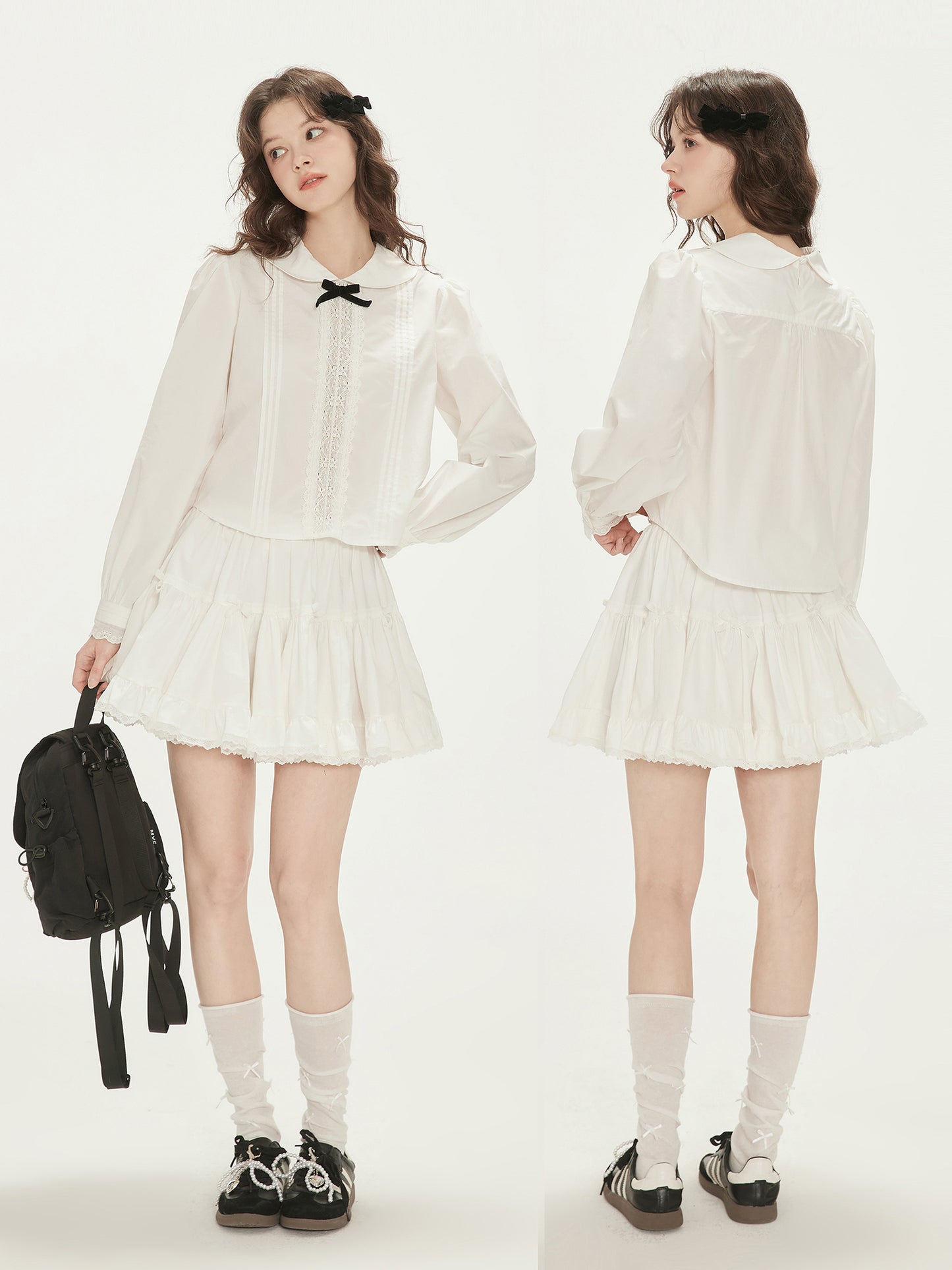 Peter Pan Collar Pintuck Blouse With Velvet Bow