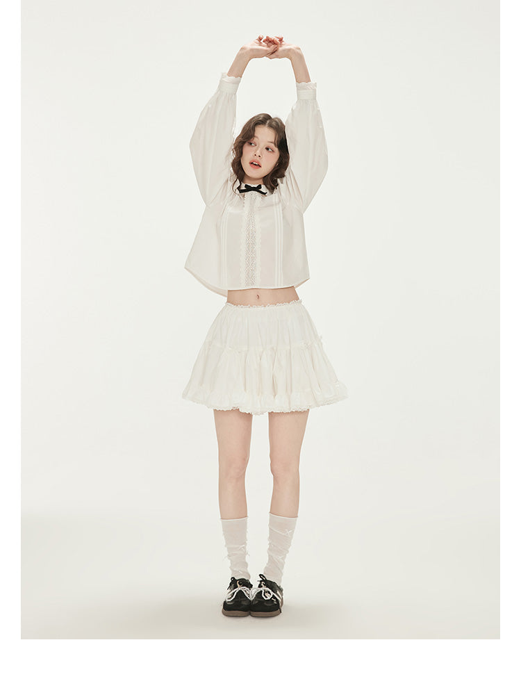 Peter Pan Collar Pintuck Blouse With Velvet Bow
