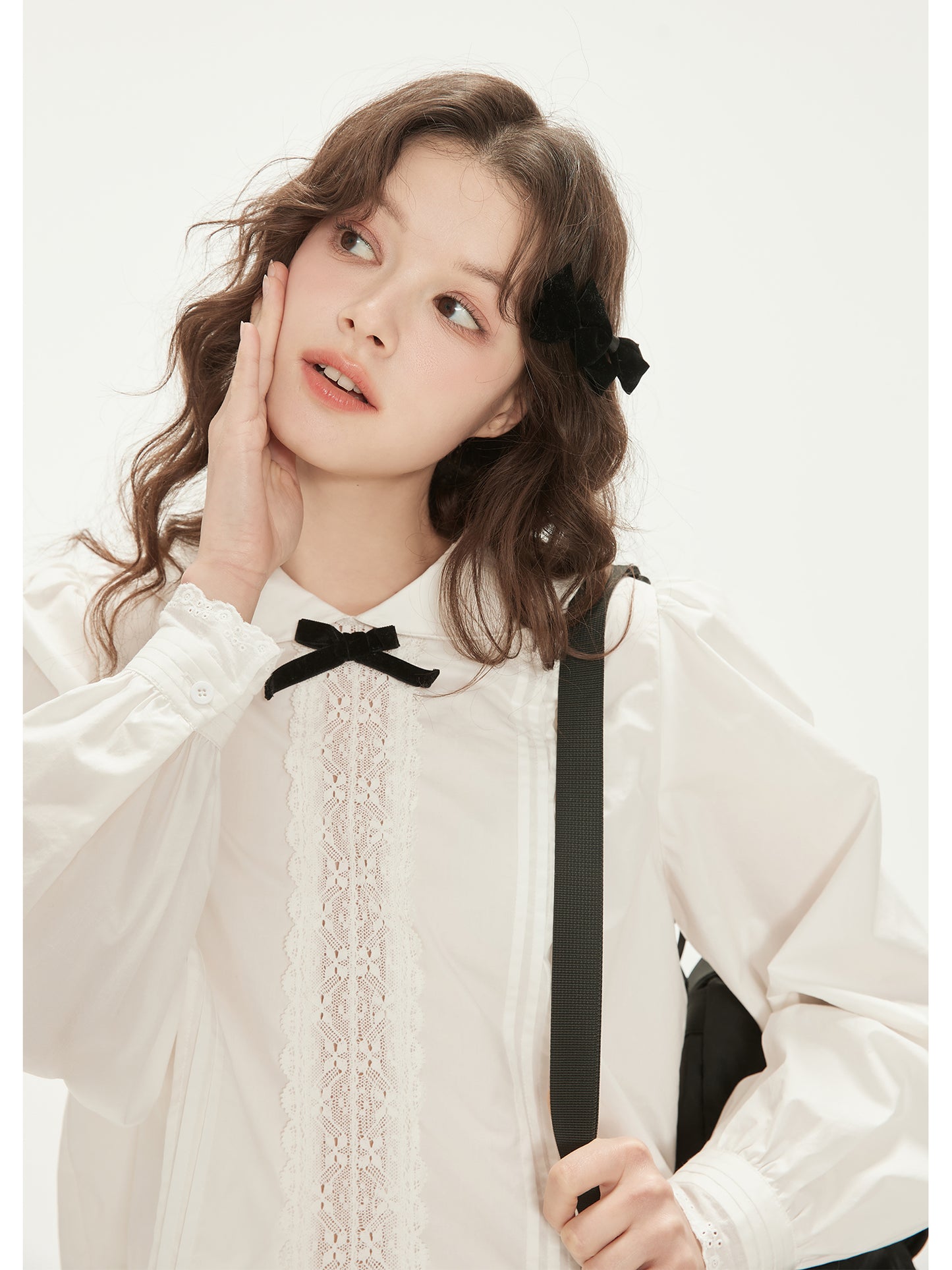 Peter Pan Collar Pintuck Blouse With Velvet Bow