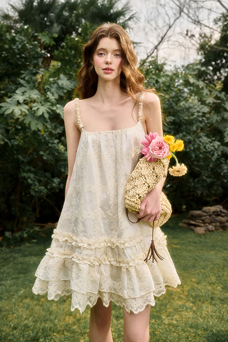 Floral Lace Babydoll Dress With Beaded Straps