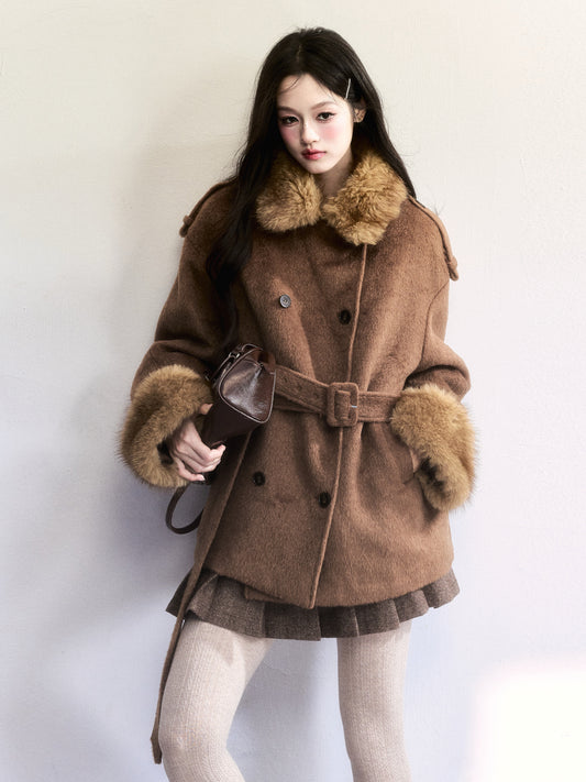Double-Breasted Fur-Trim Belted Coat