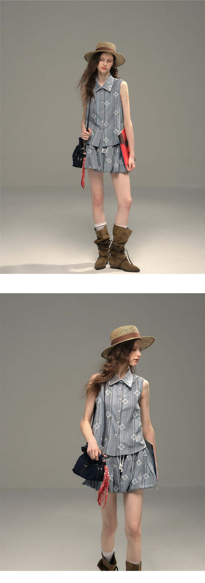 Floral Embroidered Striped Shirt & Bubble Skort