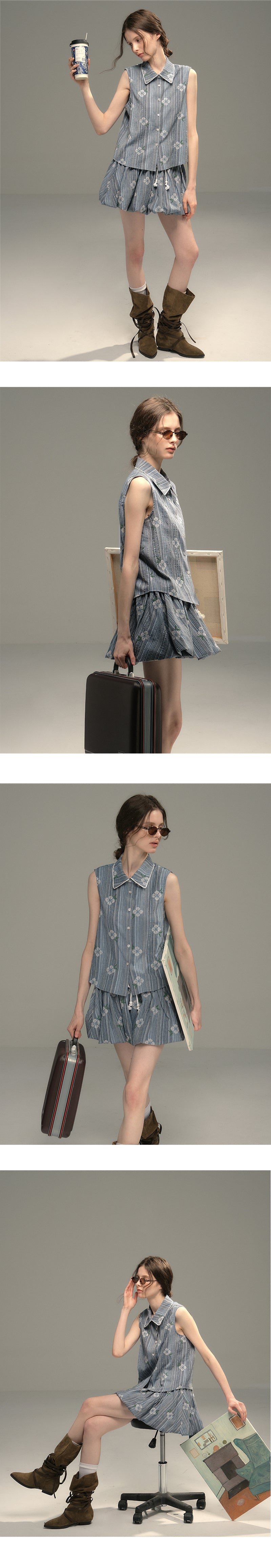 Floral Embroidered Striped Shirt & Bubble Skort