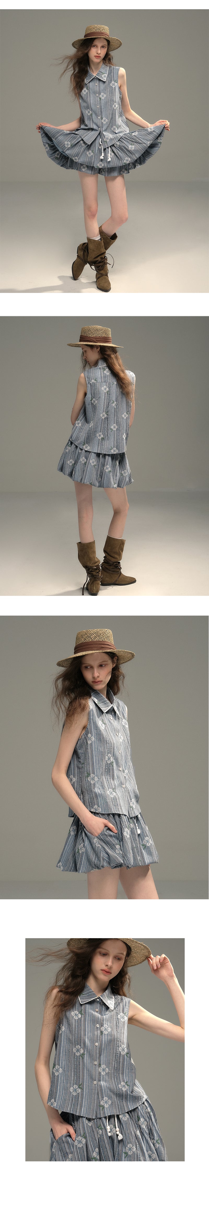 Floral Embroidered Striped Shirt & Bubble Skort