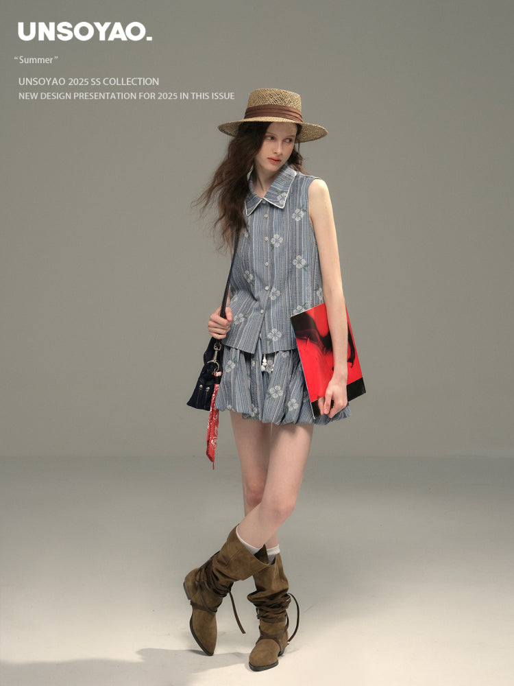 Floral Embroidered Striped Shirt & Bubble Skort