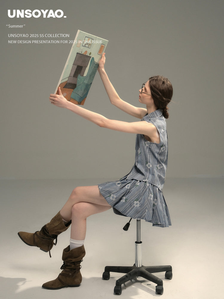 Floral Embroidered Striped Shirt & Bubble Skort