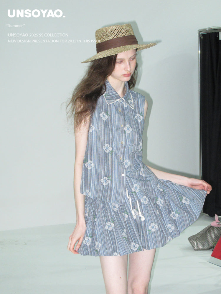 Floral Embroidered Striped Shirt & Bubble Skort