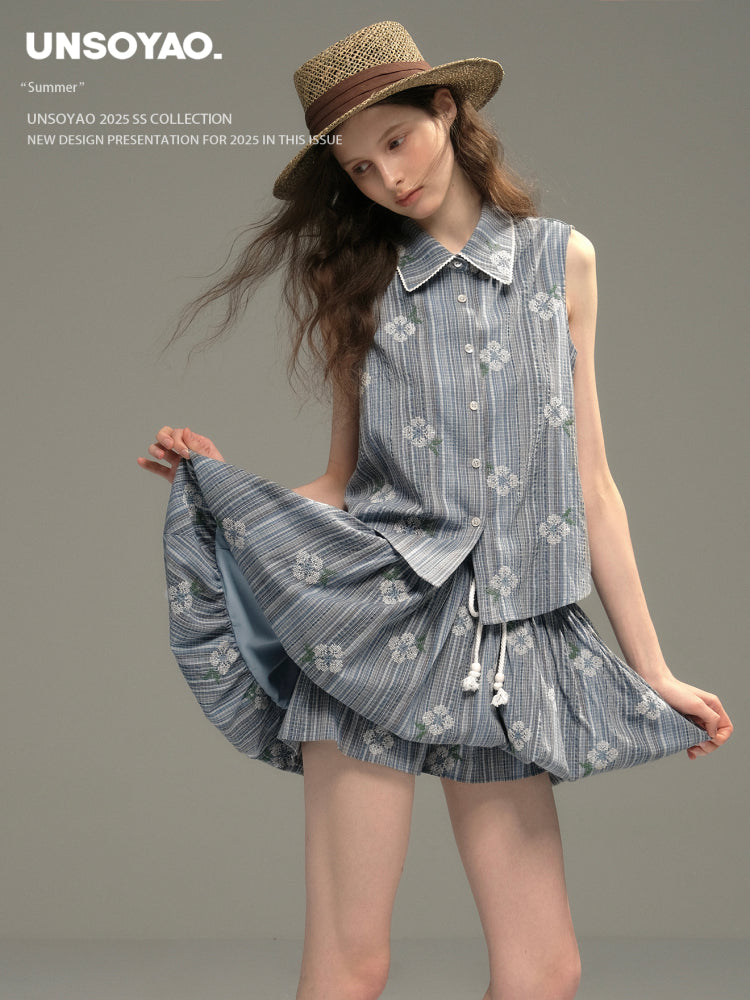 Floral Embroidered Striped Shirt & Bubble Skort