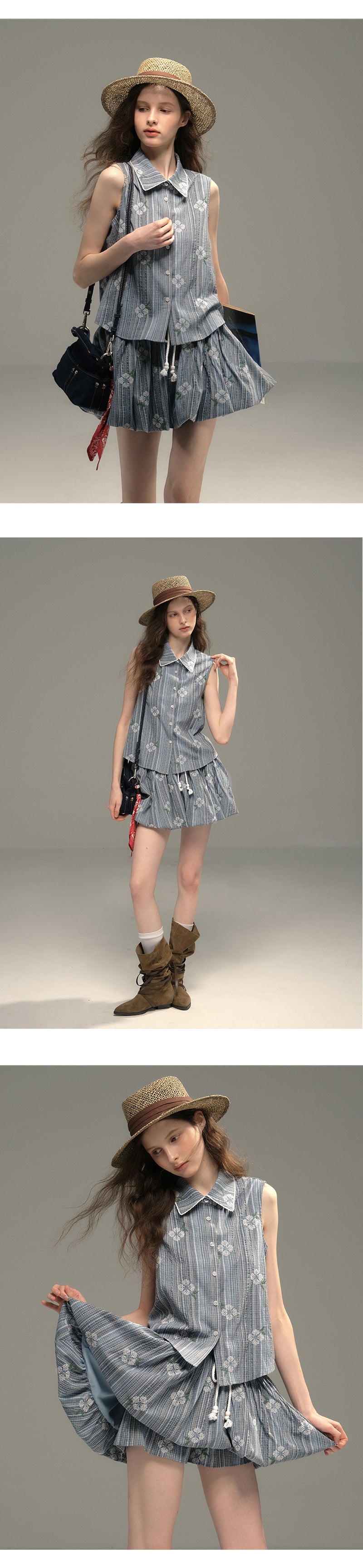 Floral Embroidered Striped Shirt & Bubble Skort