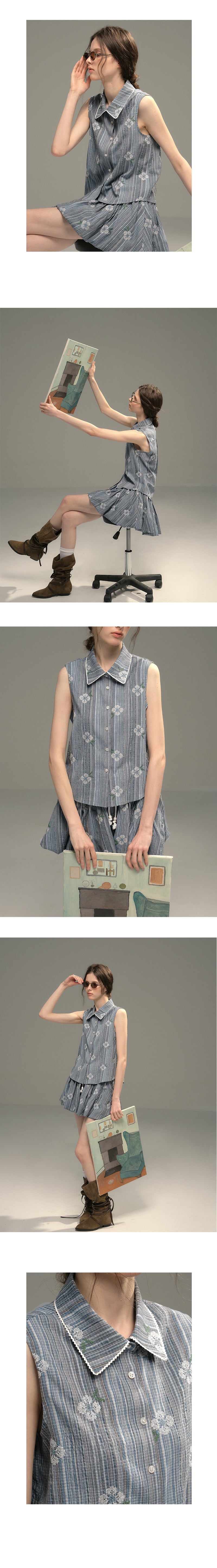 Floral Embroidered Striped Shirt & Bubble Skort