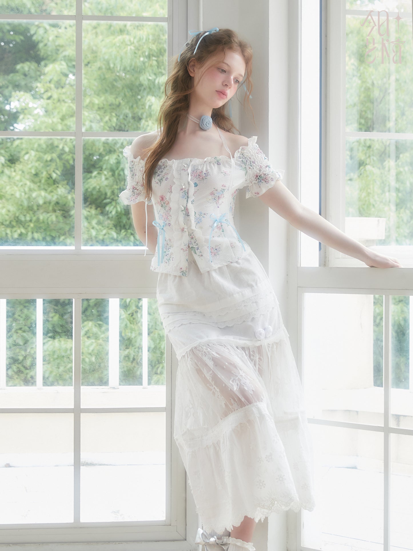 Floral Elephant Print Blouse With Baroque Pearl Buttons
