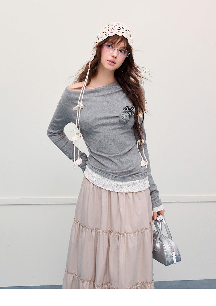 One-Shoulder Draped Top With Floral Embellishment