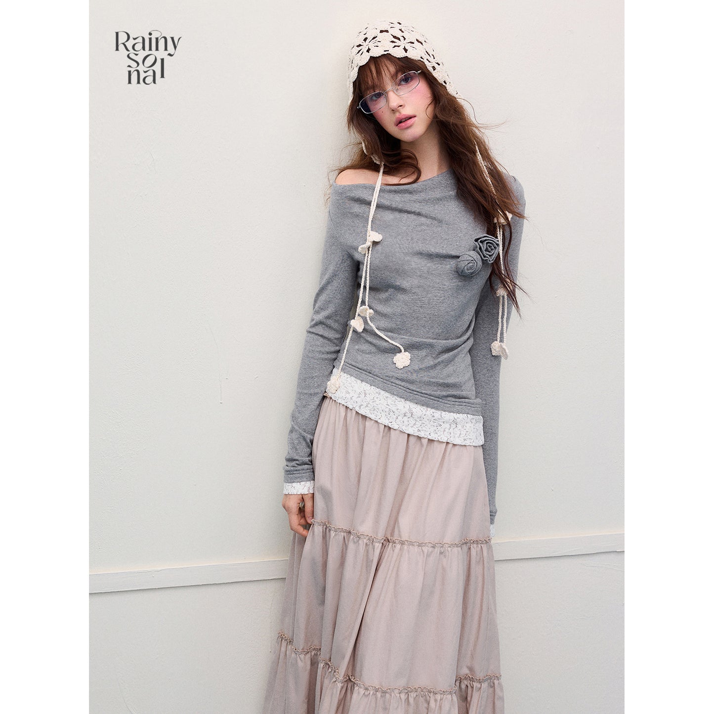 One-Shoulder Draped Top With Floral Embellishment