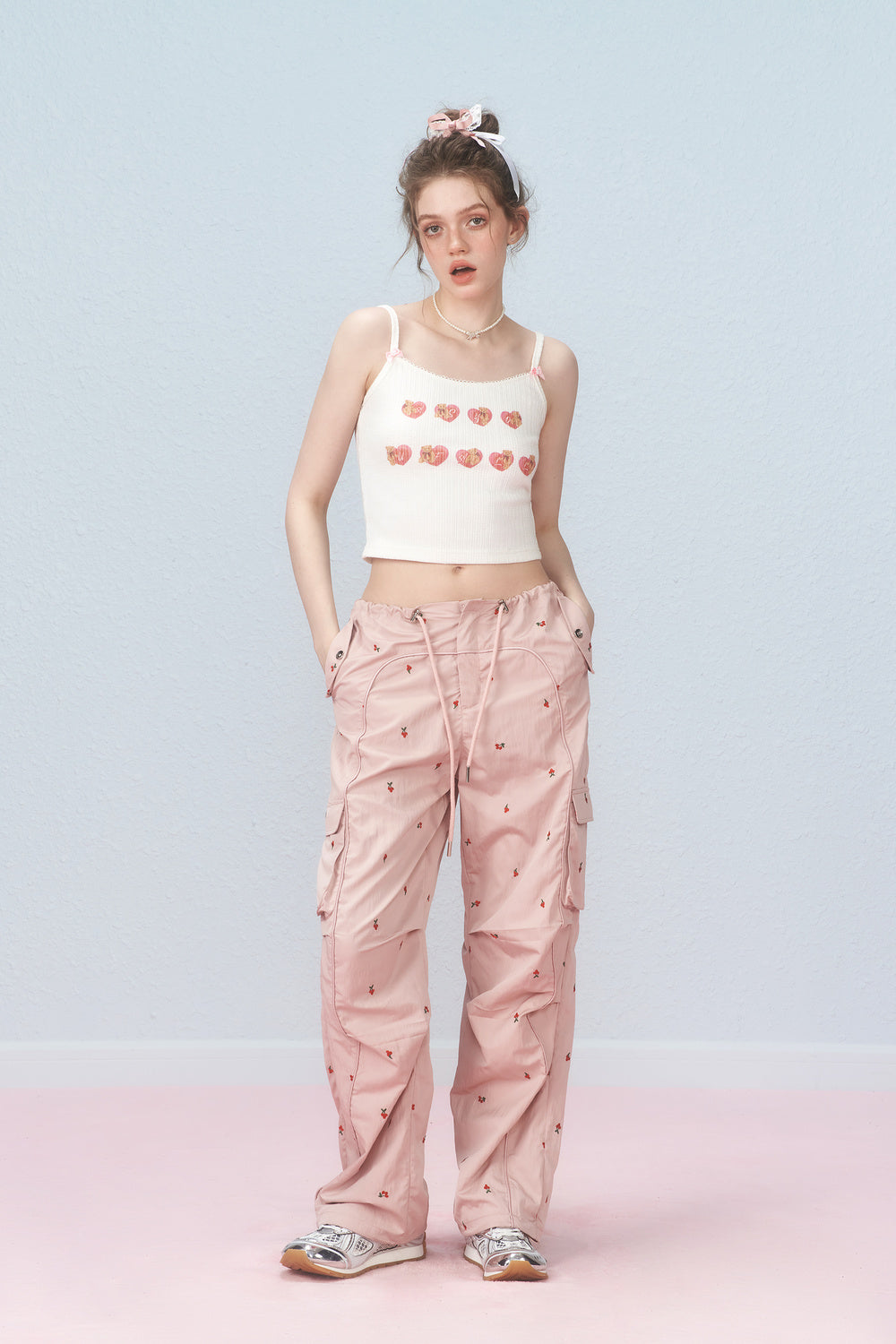 Sweet Teddy Bear Heart Print Crop Camisole