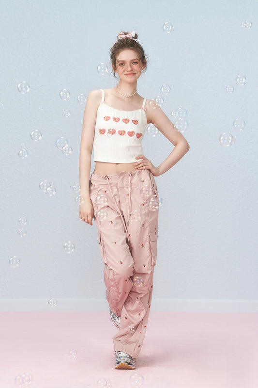 Sweet Teddy Bear Heart Print Crop Camisole