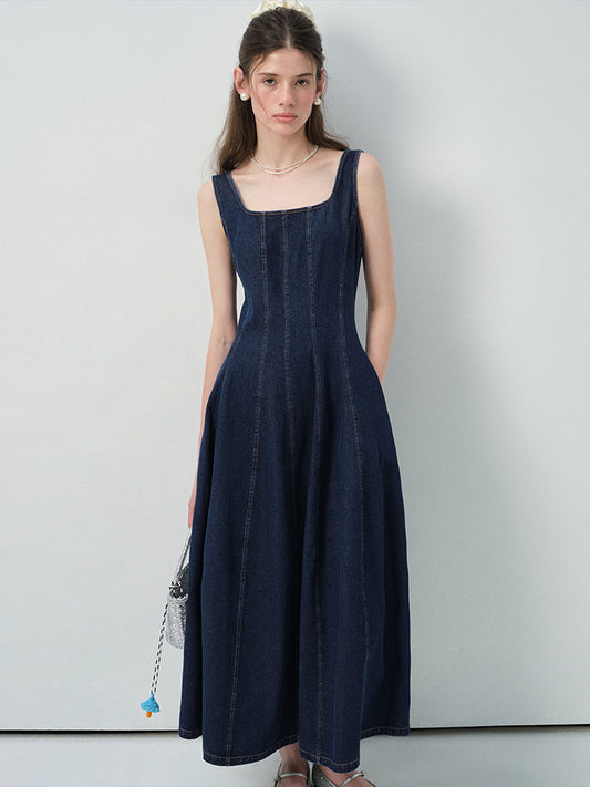 Seamed Sleeveless Denim Maxi Dress