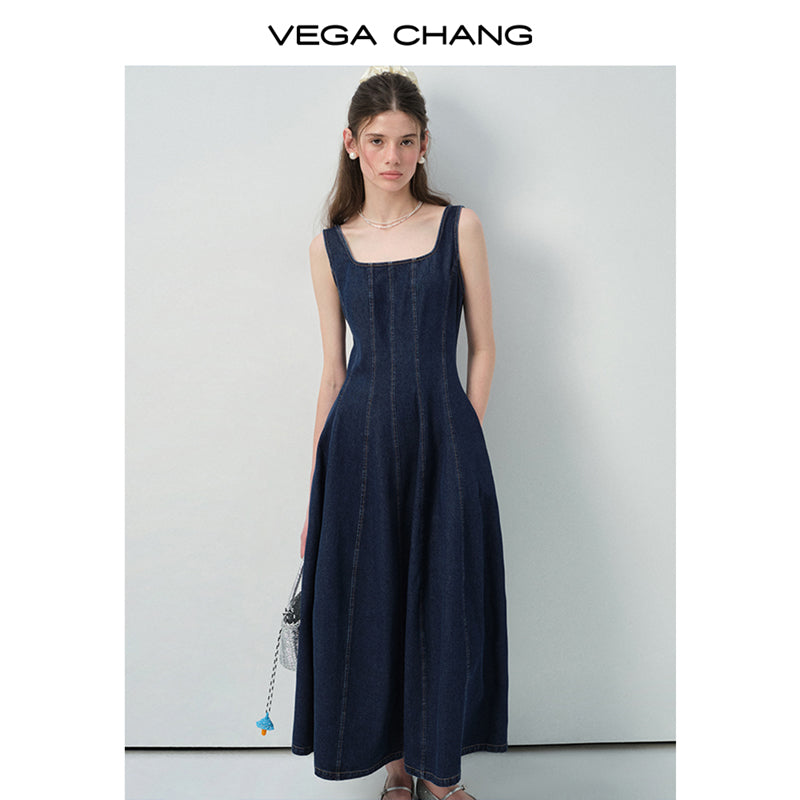 Seamed Sleeveless Denim Maxi Dress