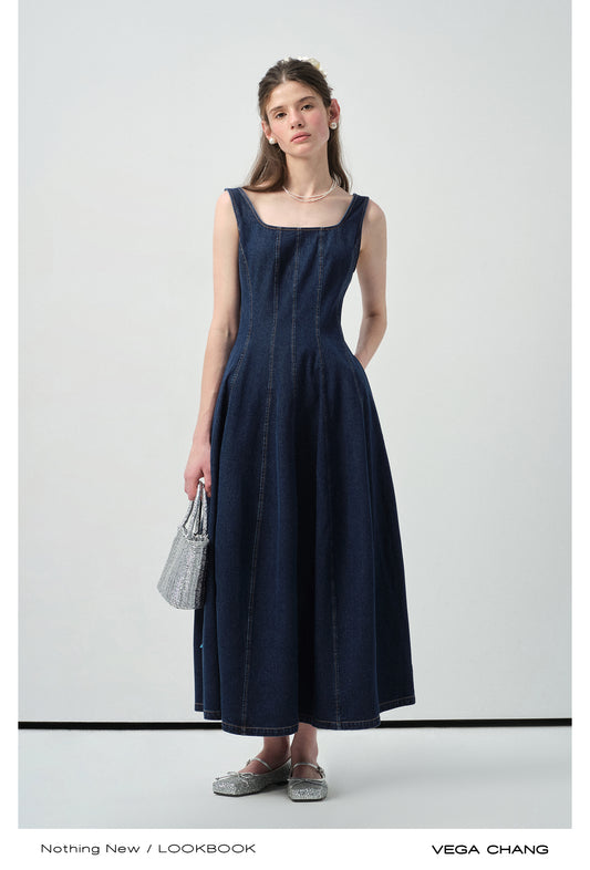 Seamed Sleeveless Denim Maxi Dress