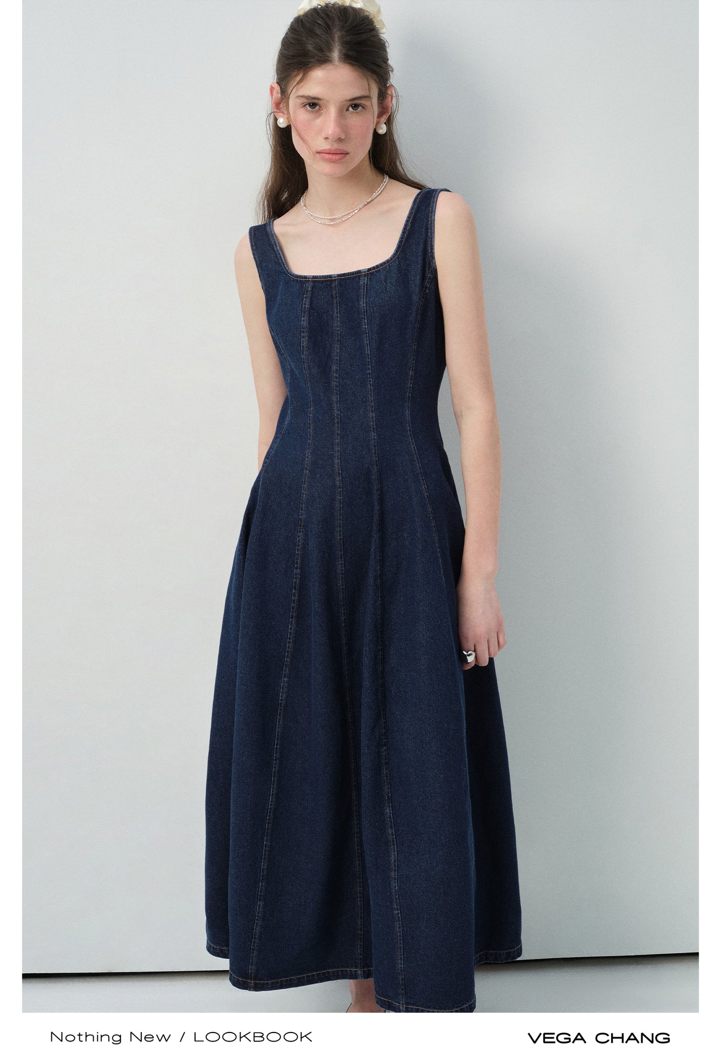 Seamed Sleeveless Denim Maxi Dress