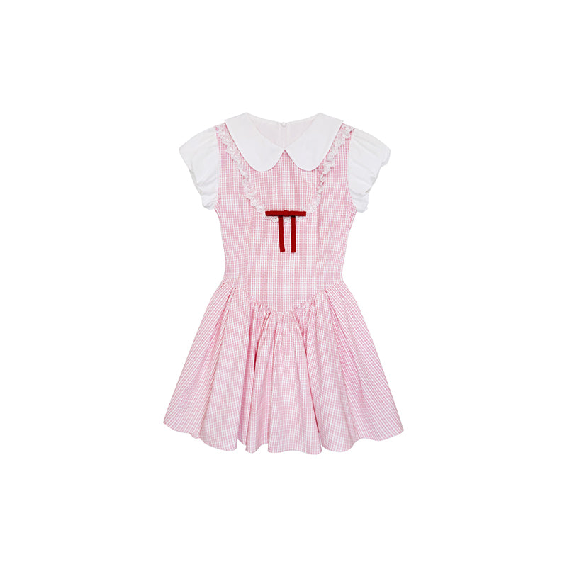 Peter Pan Collar Puff-Sleeved Checkered Dress