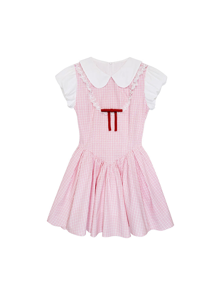 Peter Pan Collar Puff-Sleeved Checkered Dress