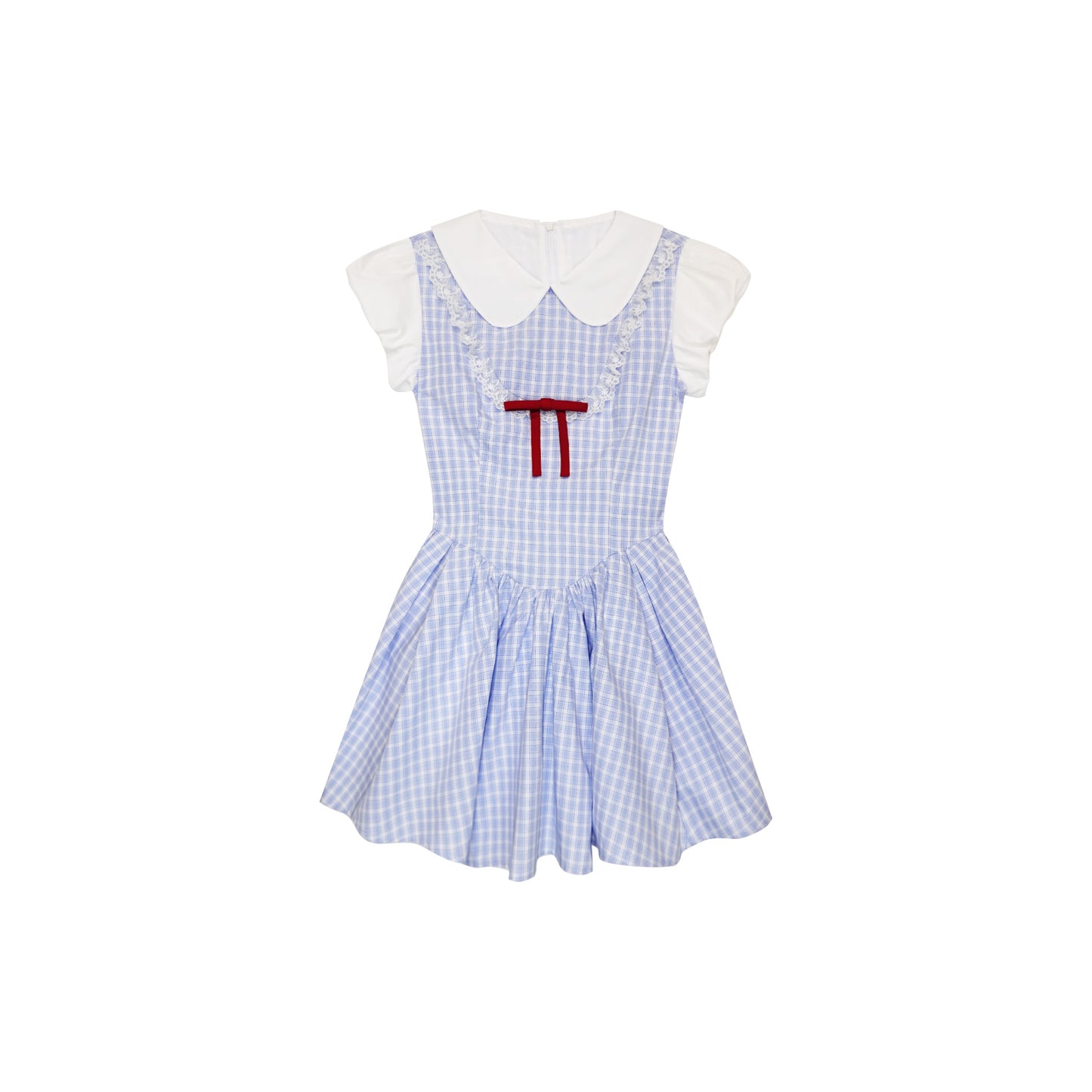 Peter Pan Collar Puff-Sleeved Checkered Dress