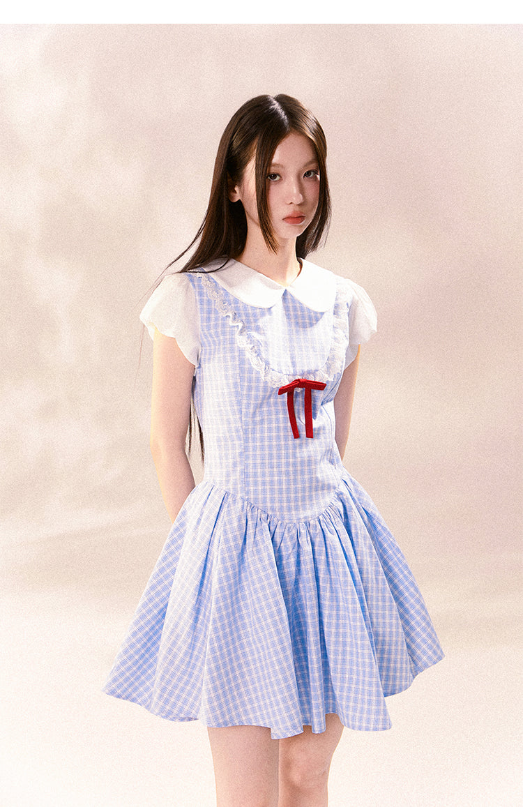 Peter Pan Collar Puff-Sleeved Checkered Dress