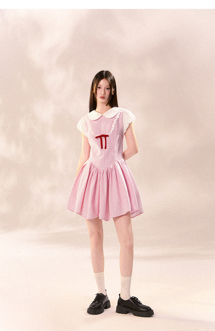 Peter Pan Collar Puff-Sleeved Checkered Dress