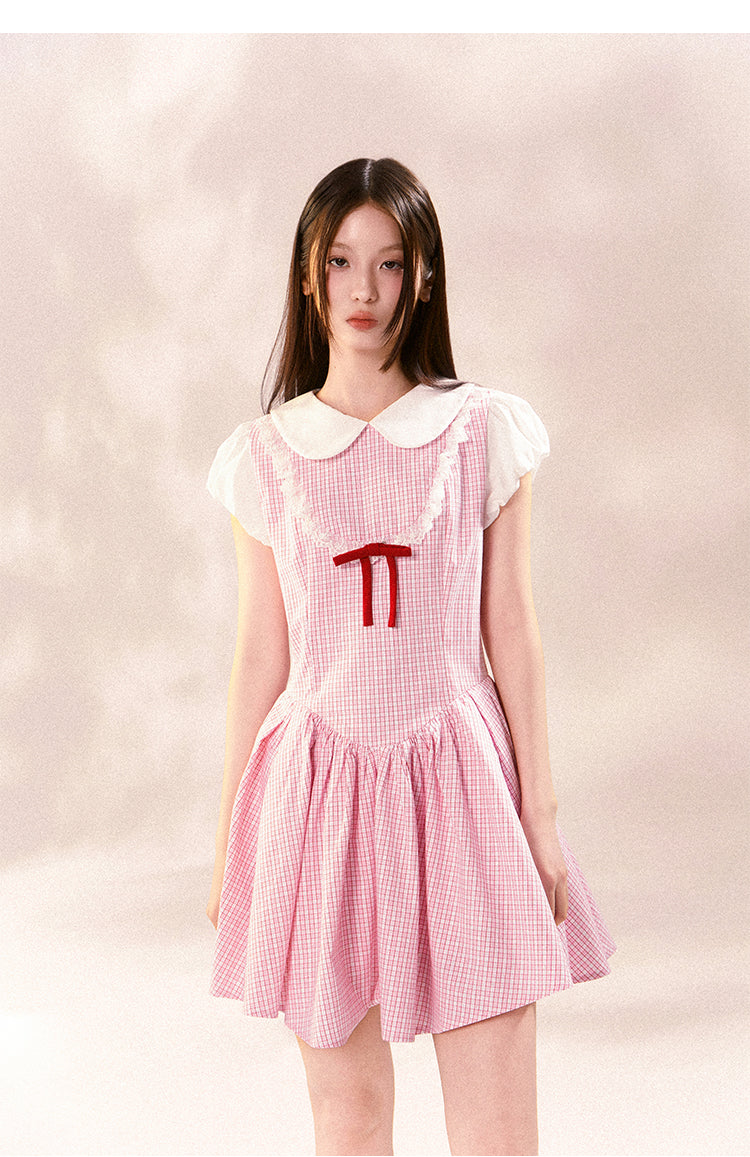 Peter Pan Collar Puff-Sleeved Checkered Dress