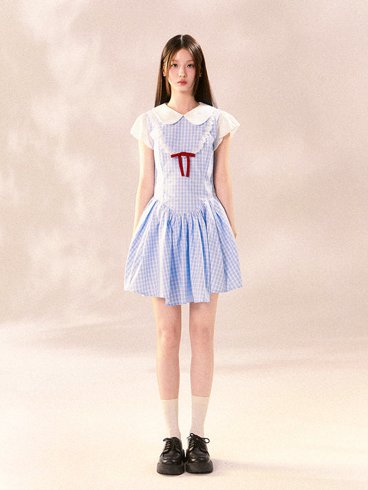 Peter Pan Collar Puff-Sleeved Checkered Dress
