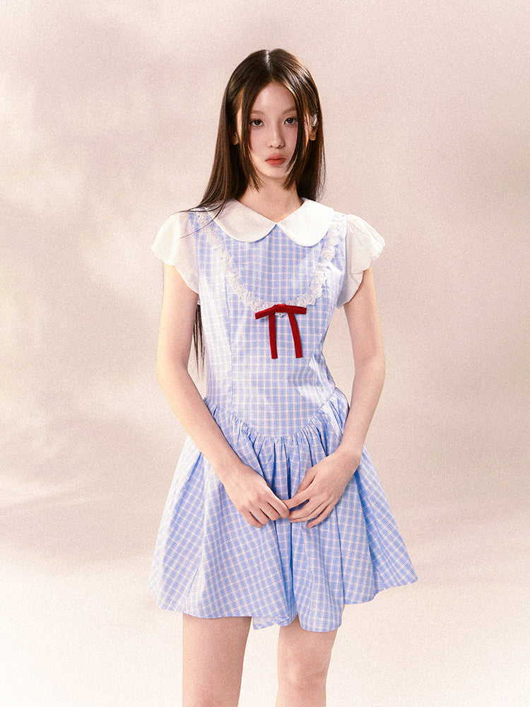 Peter Pan Collar Puff-Sleeved Checkered Dress