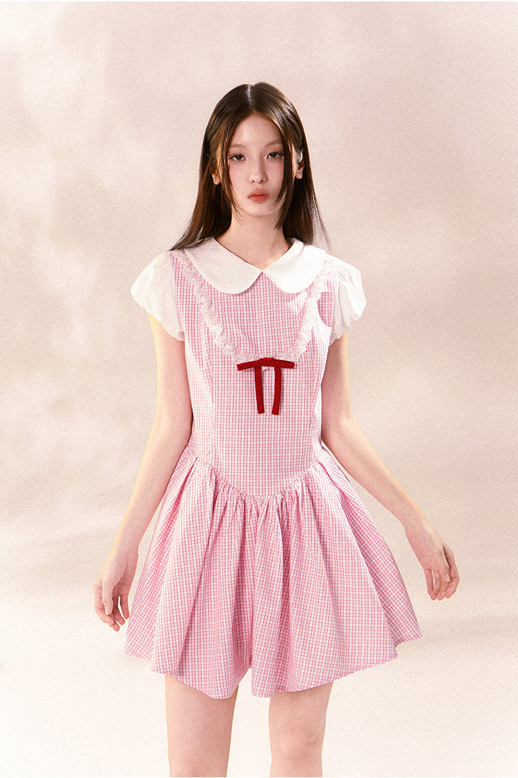 Peter Pan Collar Puff-Sleeved Checkered Dress