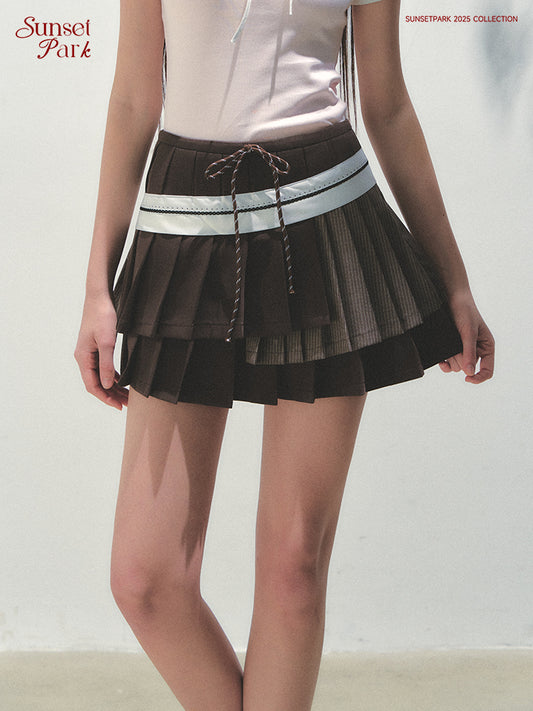 2-Stripe Pleated Asymmetrical Tiered Skirt