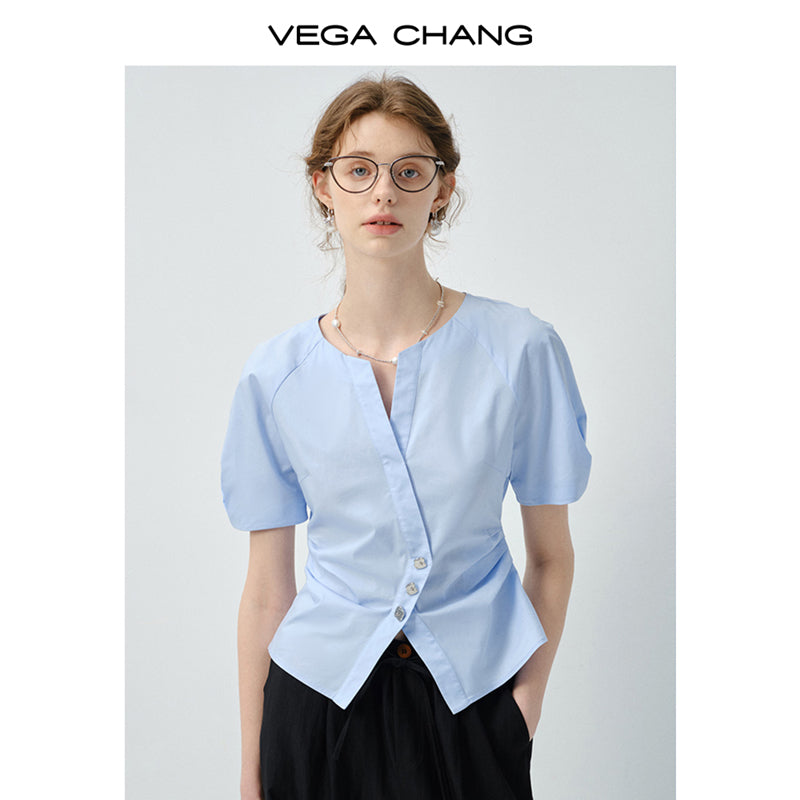 Metal Button Waist-Fitted Crossover Blouse