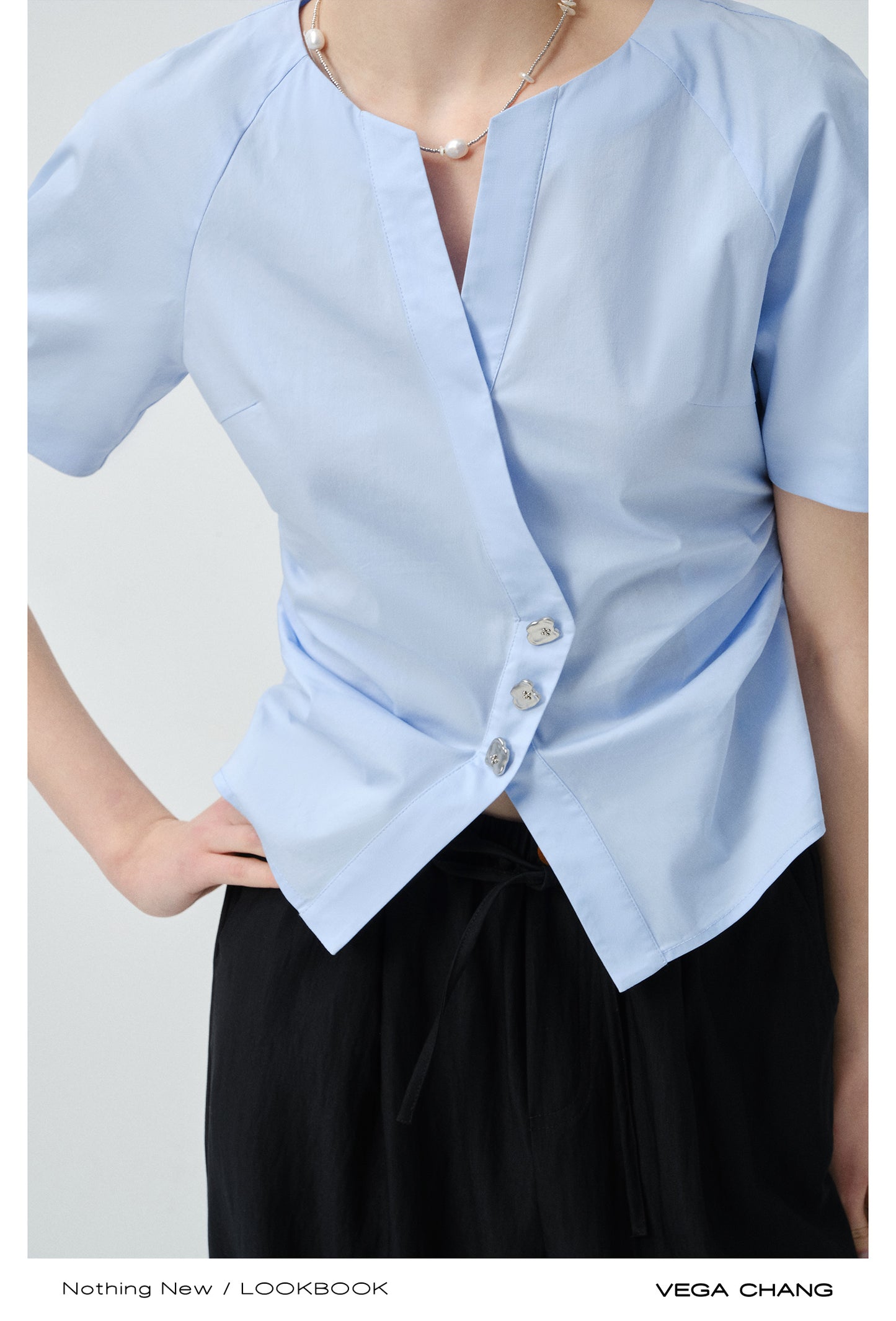 Metal Button Waist-Fitted Crossover Blouse