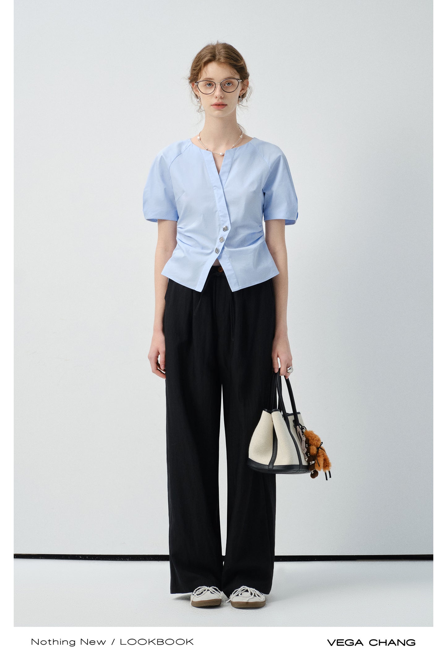 Metal Button Waist-Fitted Crossover Blouse