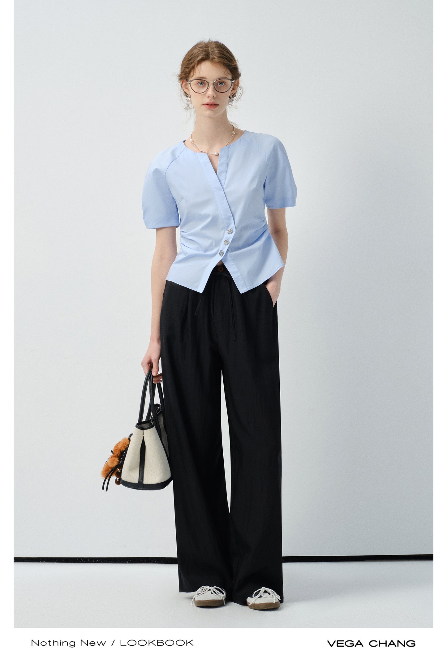Metal Button Waist-Fitted Crossover Blouse