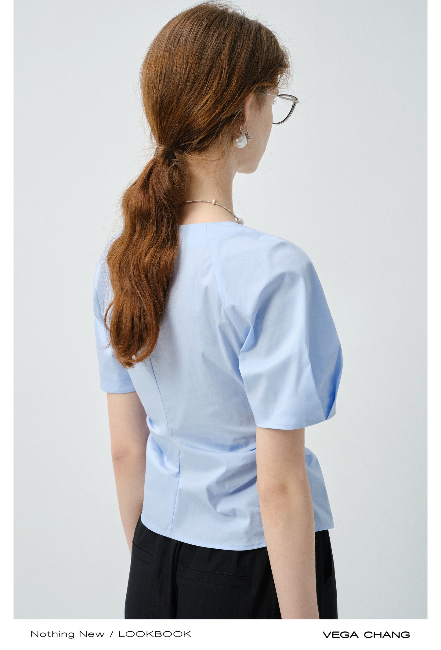 Metal Button Waist-Fitted Crossover Blouse