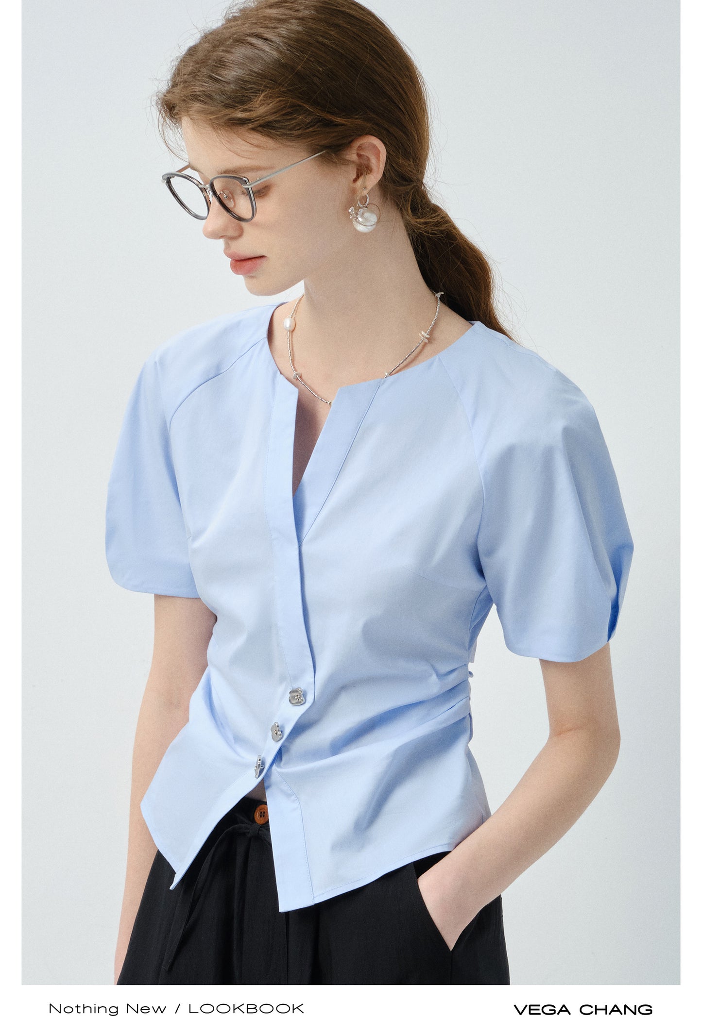 Metal Button Waist-Fitted Crossover Blouse